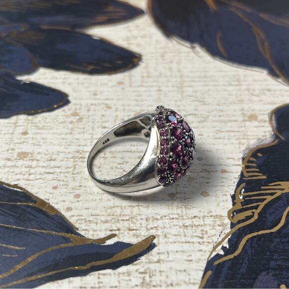 Estate Pink Rhodonite Stone Cluster 926 Sterling Silver Large Cocktail Ring D2 - Picture 6 of 9